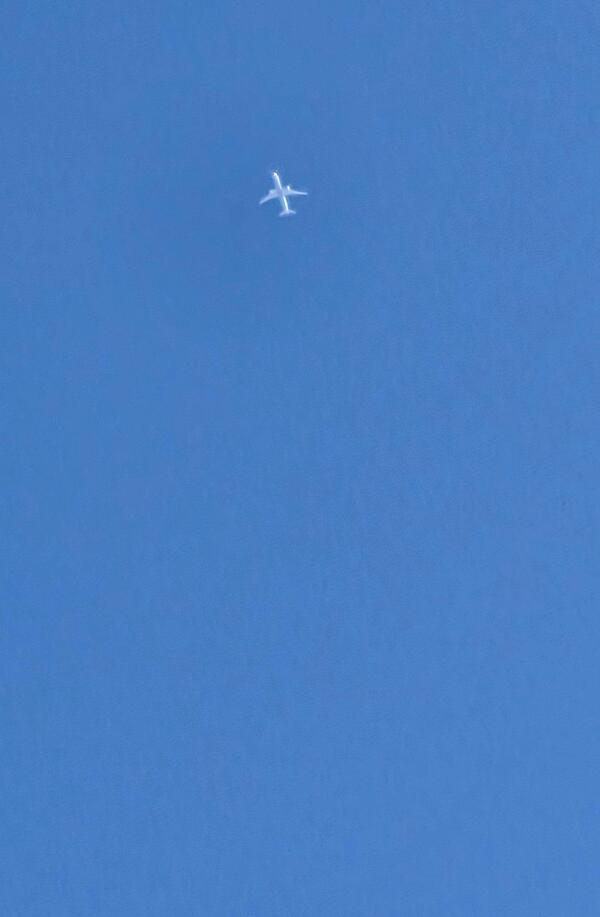 快晴☀の空を飛行機✈️が西に飛んで行くのが見えた。空見る街並みはどんな景色なんだろう、、